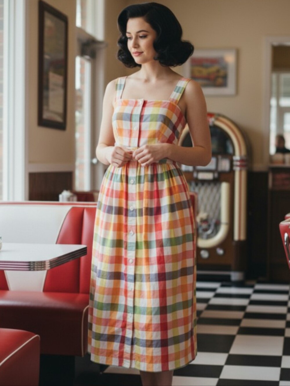Classic Multi-Color Gingham Button-Front Sundress Cotton Material